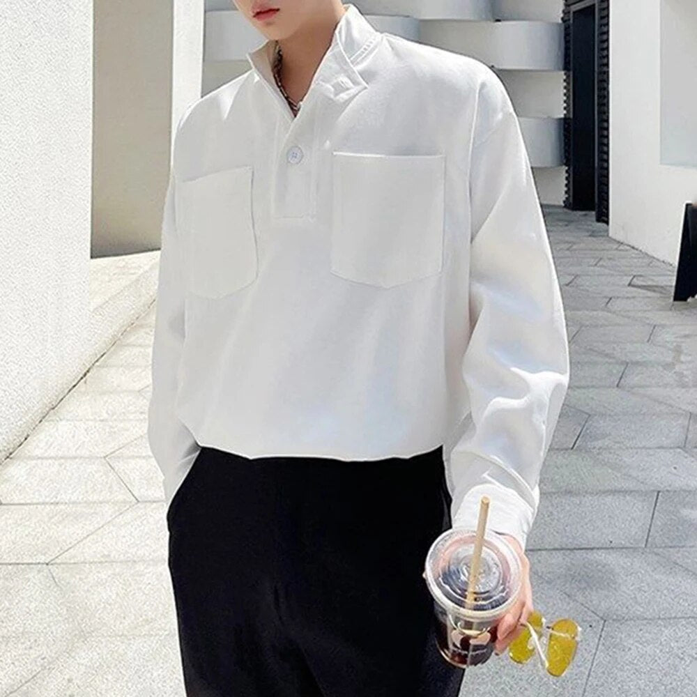 flowersverse Spring Lapel Single Breasted Hoodies Top Men Fashion Long Sleeve Solid Sweatshirt Men Clothing Casual Pockets Sweatshirts