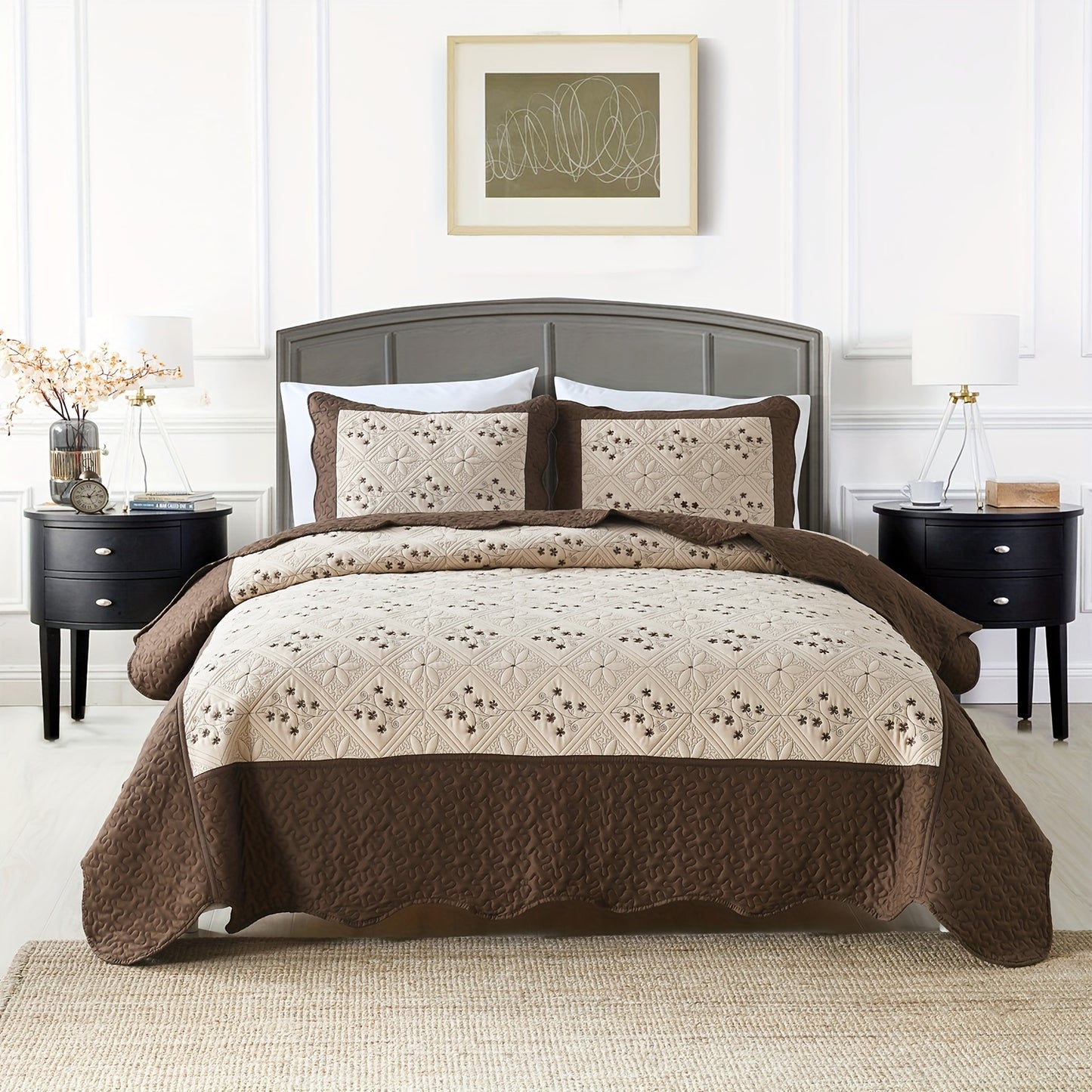 3pcs Red Embroidered Quilted Bedspread Set - Reversible, Soft, Breathable, Comfortable, and Machine Washable - Flower Pattern for Summer, Ideal for Bedroom and Dorm Room