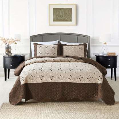 3pcs Red Embroidered Quilted Bedspread Set - Reversible, Soft, Breathable, Comfortable, and Machine Washable - Flower Pattern for Summer, Ideal for Bedroom and Dorm Room