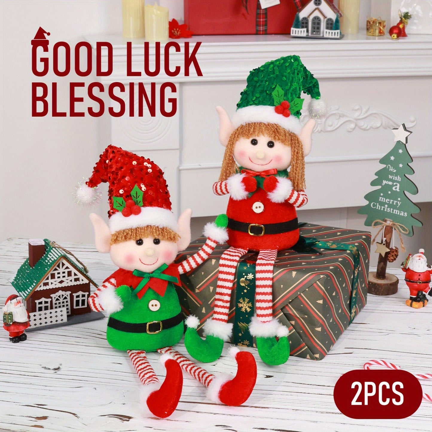 2pcs Festive Christmas Elf Plush Dolls, Long Legged Elf Figurines, Polyester Tabletop Decor, Non-Electric Holiday Accents for Seasonal Display
