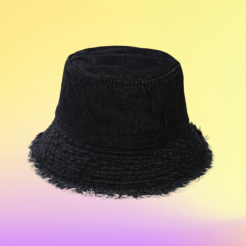 Vintage-Inspired Distressed Denim Bucket Hat for Women - Lightweight, Sun Protection Fisherman Cap with Frayed Edges