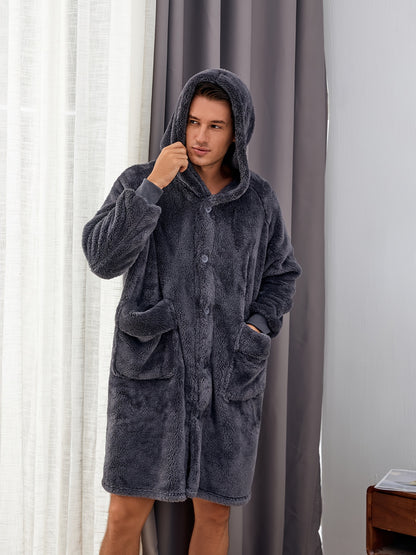 Cozy Fleece Robe - Ultra-Soft Hooded Pajamas with Pocket & Hair Dry Hat, One-Piece Button-Up Kimono Night-Robe for Men, Perfect for Home Use After Bath, Warm and Toasty for Chilly Evenings