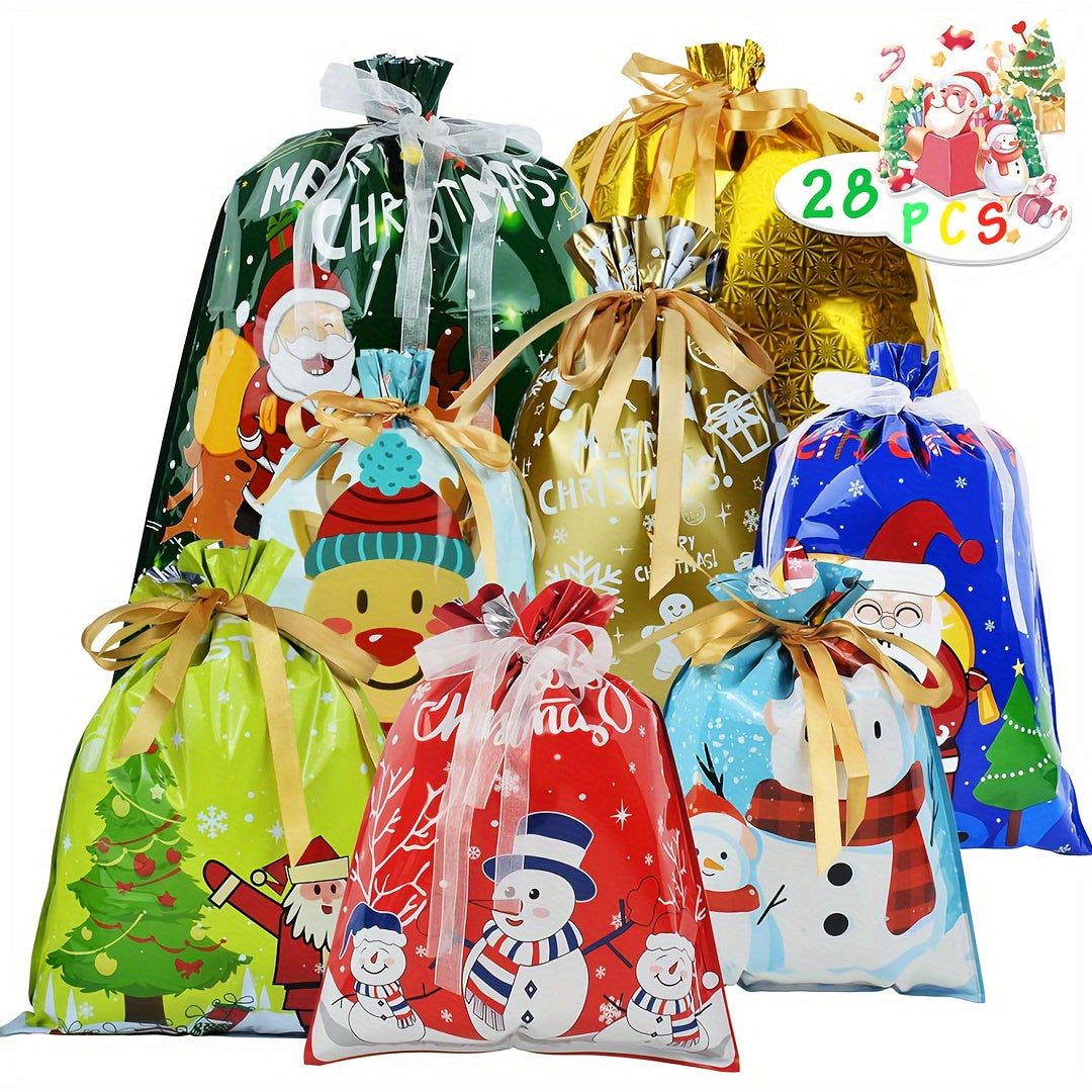 28PCS Assorted Sizes Christmas Drawstring Gift Bags With Ribbon Tie, 4 Sizes, 8 Designs For Xmas Holiday Presents Party Favor Goody Bags Jumbo/Extra Large/Medium/Small Santa Wrapping Bag