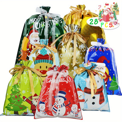 28PCS Assorted Sizes Christmas Drawstring Gift Bags With Ribbon Tie, 4 Sizes, 8 Designs For Xmas Holiday Presents Party Favor Goody Bags Jumbo/Extra Large/Medium/Small Santa Wrapping Bag