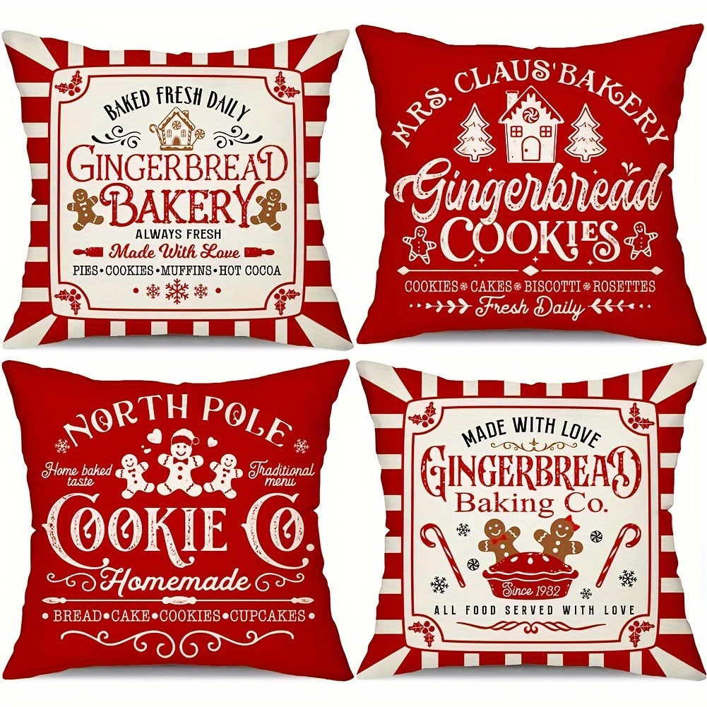 Festive Gingerbread Christmas Pillowcases - 4pcs Set of 18x18 Inch Red Striped Covers, Merry Christmas Design for Winter Home Decor, Machine Washable Polyester with Zip Closure