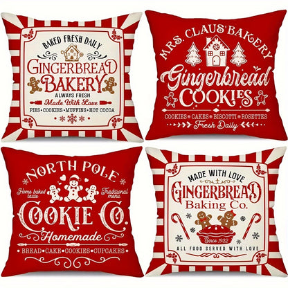 Festive Gingerbread Christmas Pillowcases - 4pcs Set of 18x18 Inch Red Striped Covers, Merry Christmas Design for Winter Home Decor, Machine Washable Polyester with Zip Closure