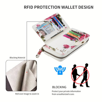 JIMI Elegant Floral PU Leather Clutch - Secure, Large Capacity Multi-Card Holder & Phone Wallet in Casual White