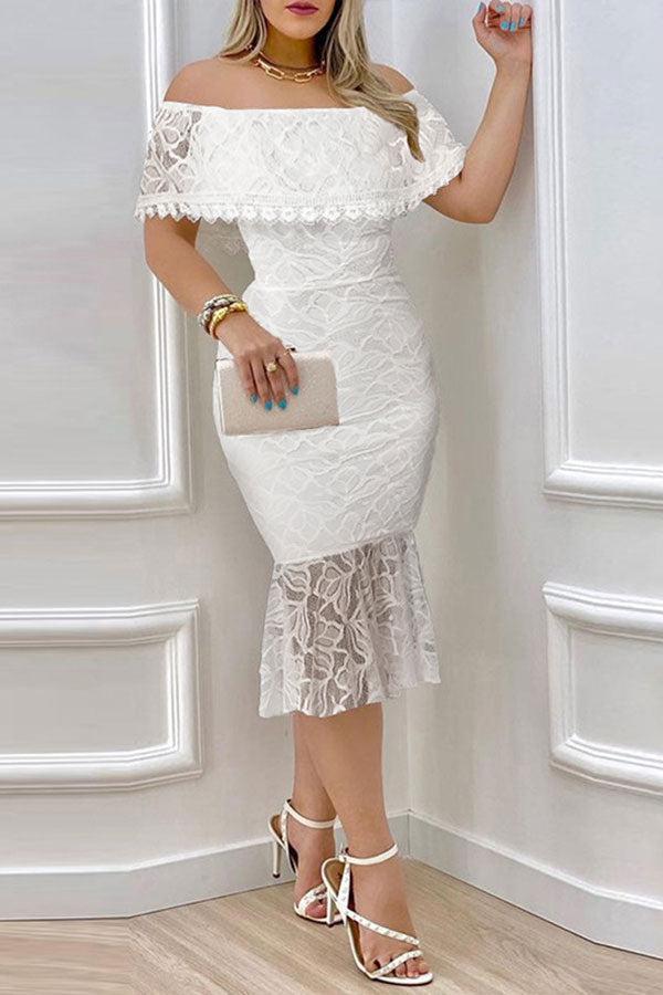 namcoverse Lace Stunning Off Shoulder Ruffle Midi Dress