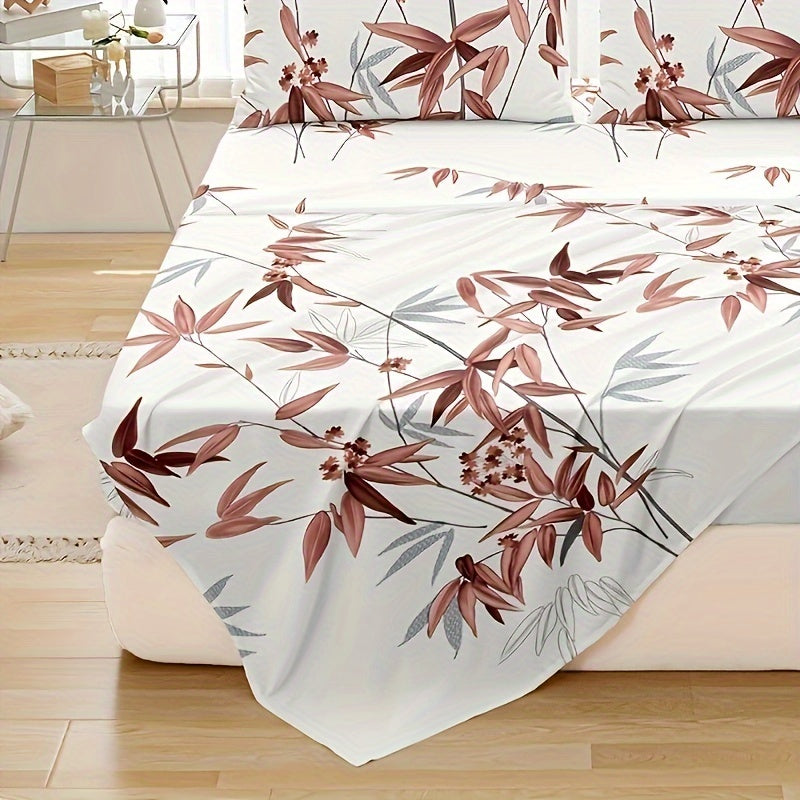 4pcs Luxurious Bamboo Leaf Print Fitted Sheet Set - Soft, Breathable, Comfortable, Hypoallergenic Bedding for Bedroom, Guest Room - 1 Flat Sheet, 1 Fitted Sheet, 2 Pillowcases, No Core Included, Easy Care, Wrinkle-Resistant, and Fade-Proof