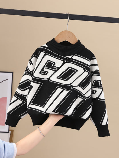 Kid's Color Clash Letter Jacquard Sweater, Street Style Cable Knit Pullover, Casual Long Sleeve Top, Boy's Clothes For Fall Winter, As Gift