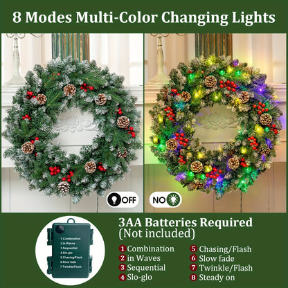 24" Green Pre-Lit Christmas Wreath with Red Berries, Pine Cones for Front Door, Window, Fireplace, Indoor Decor