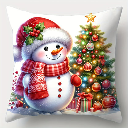 Contemporary Christmas Throw Pillow Covers Set of 4, Reindeer & Snowman, Teddy Bear & Christmas Bells, Decorative Cushion Cases, Zippered, Woven Polyester, Hand Wash, Home Sofa Decor 17x17 inches - Pillow Inserts Not Included