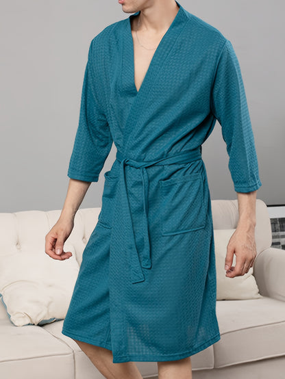 Quick-Drying Korean Style Mens Bathrobe - Lightweight & Absorbent Sleep Robe with Crop Sleeves, V-Neck, Solid Color & Adjustable Belt - Perfect for Summer Lounging & Spa Home Wear