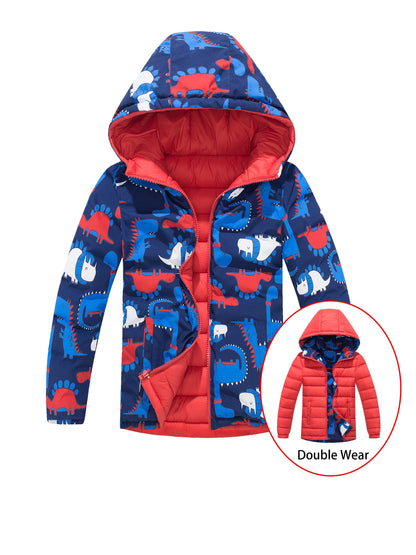 Ultra-Soft Dino Thrill Reversible Quilted Jacket - Insulated Zip Up Hooded Coat for Little Adventurers - Perfect Warm Winter Wear & Gift Idea for Boys