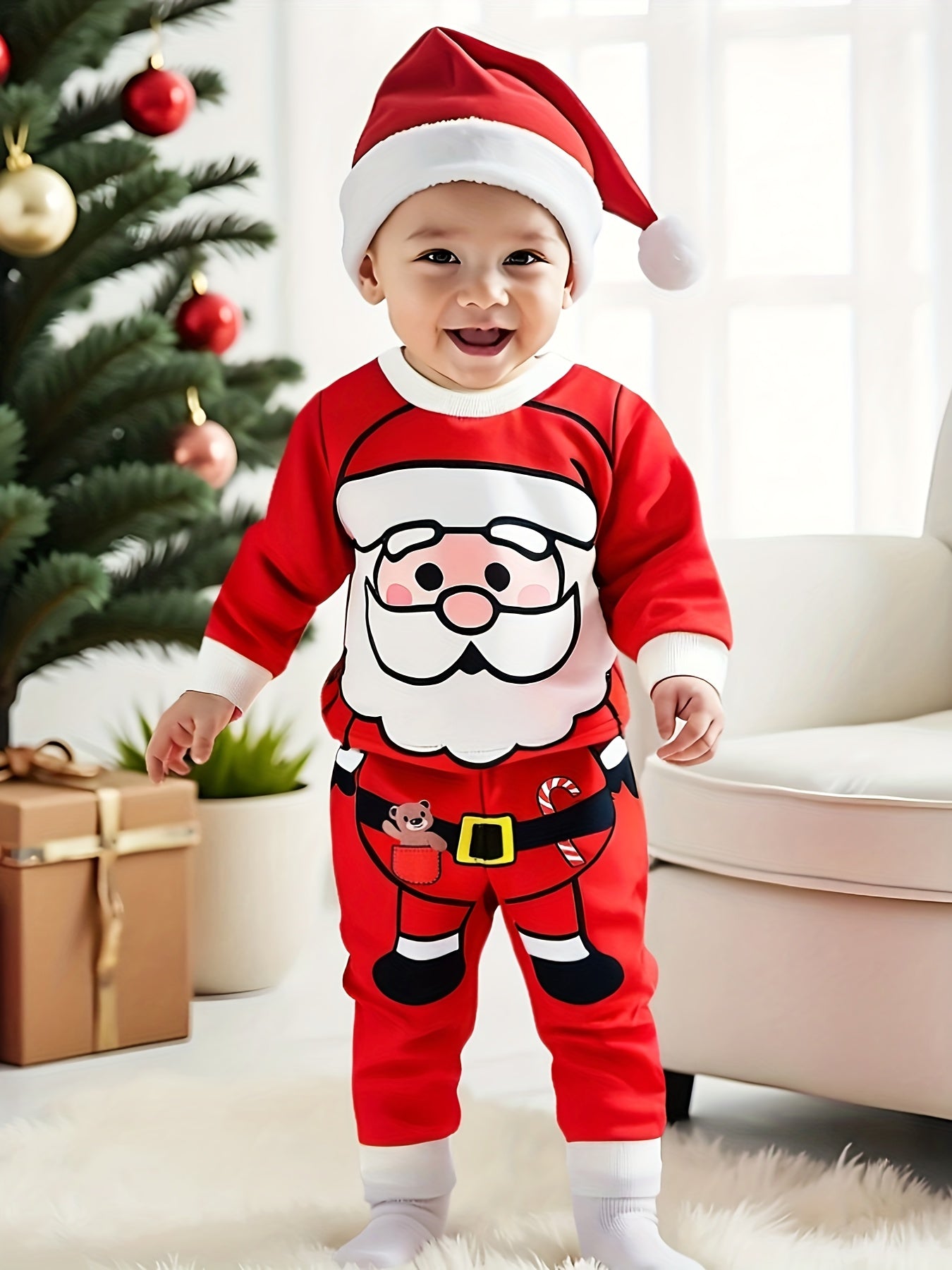 1set Infant Boys' Christmas Santa Print Long Sleeve Sweatshirt and Pants Set, Polyester and Spandex Blend, Round Neck, Regular Fit, Party Style, Knitted Fabric, Festive Holiday Outfit for Autumn/Winter, for Outdoor