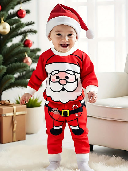 1set Infant Boys' Christmas Santa Print Long Sleeve Sweatshirt and Pants Set, Polyester and Spandex Blend, Round Neck, Regular Fit, Party Style, Knitted Fabric, Festive Holiday Outfit for Autumn/Winter, for Outdoor