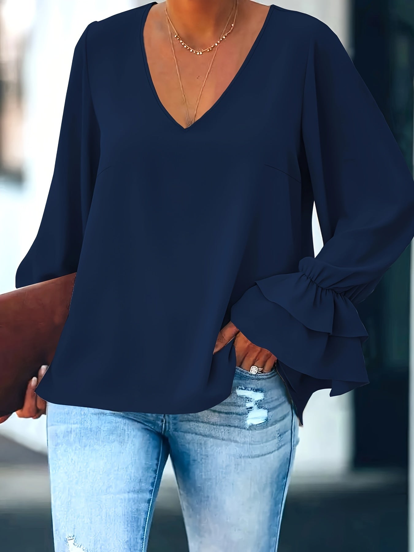 Flirty Ruffle Sleeve Plus Size Blouse - Chic V-Neck, Solid Color for Spring & Summer - Stylish Womens Plus Size Clothing