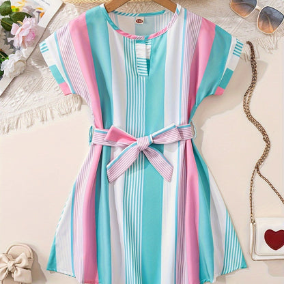 Girls Vibrant Color Block Striped Short Sleeve Loose Fit Notched Dress with Adjustable Belt for Summer - Soft Slight Stretch Polyester Fabric, Casual Style, Woven Construction