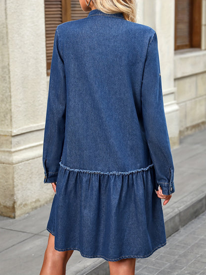 V Neck Plain Dark Washed Blue Ruffled Long Sleeve Elegant Denim Dress, Women's Denim Jeans & Clothing