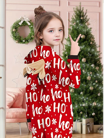 Holiday Festive Zip-Up Hooded Onesie with Alphabetic Print, Unisex Long Sleeve Polyester Jumpsuit with Slight Stretch, Casual Hoodie with Zipper Detail, Regular Fit Woven Fabric for Family Matching Outfits