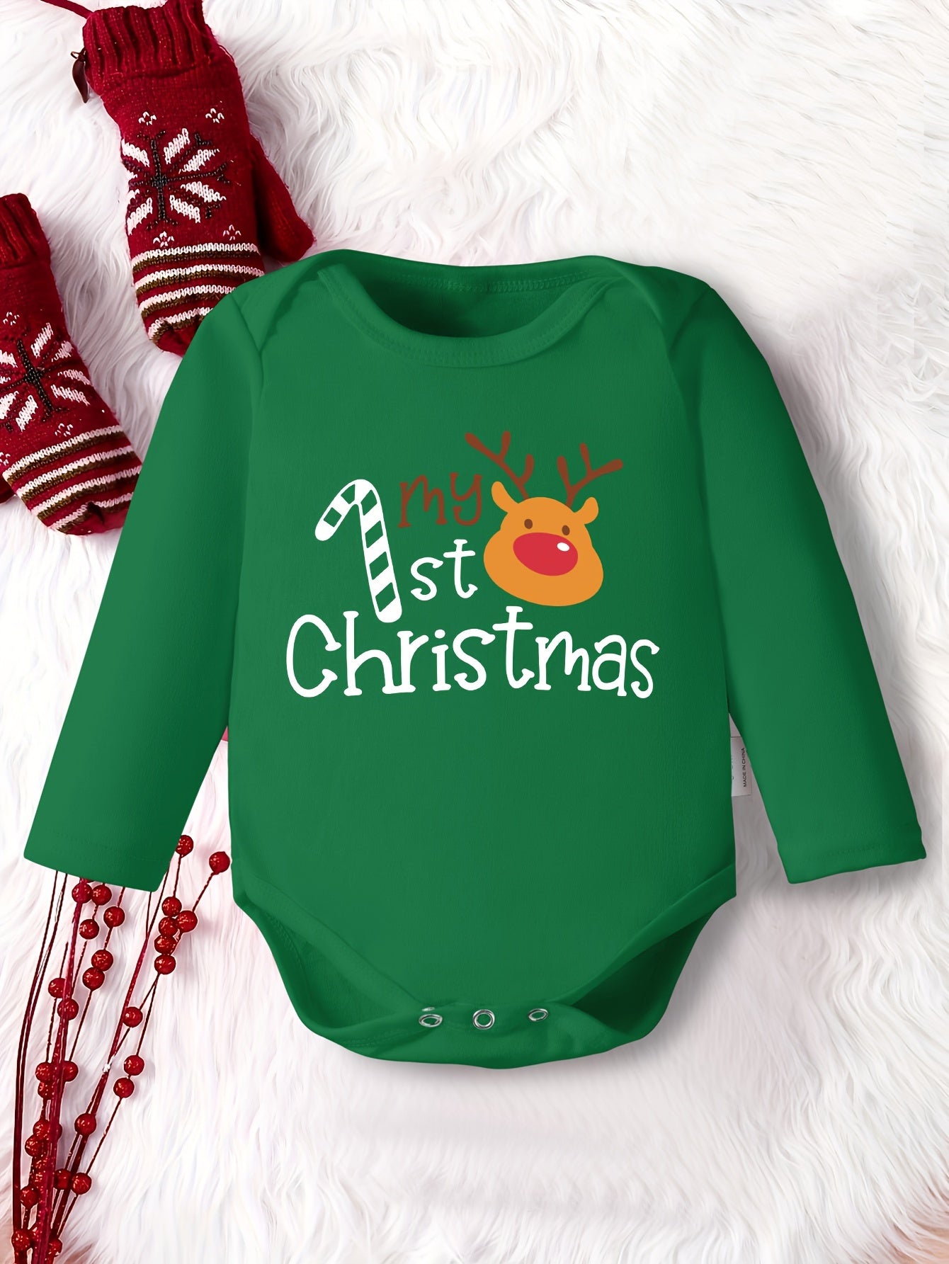 My 1st Christmas" Cute Long-Sleeve Onesie for Boys & Girls - Cozy Polyester, Festive Letter Print, Perfect for Fall/Winter, Perfect for Outdoor
