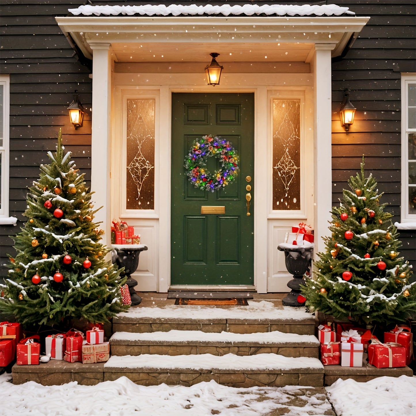 24" Green Pre-Lit Christmas Wreath with Red Berries, Pine Cones for Front Door, Window, Fireplace, Indoor Decor
