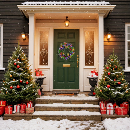 24" Green Pre-Lit Christmas Wreath with Red Berries, Pine Cones for Front Door, Window, Fireplace, Indoor Decor