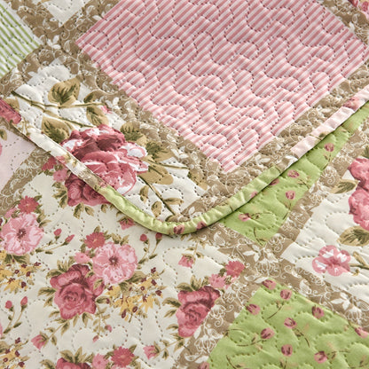 3-PCS Patchwork Quilt Set Queen&King Size, Pink Rosette and Stripes Bedspread Coverlet Set, Boho Reversible Bedspread, Soft Lightweight Coverlet Bedding Set with 2 Pillow Shams, All-Season  Fits Any Decro