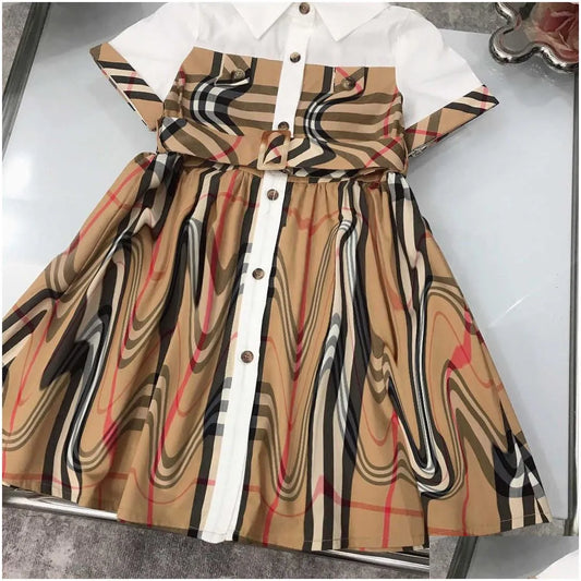 Girls Dresses 23Ss Princess Dress Short-Sleeved Kids Designer Clothes Lapel Lattice Splicing Belt Shirtdress Big Shirt Skirts Drop Del Dhnu8