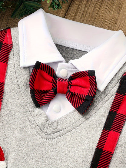 2pcs Baby's Christmas Co-Ords, Bow Decor Turndown Collar Faux Two-piece Romper & Casual Pants, Toddler & Infant Boy's Clothing Set For Fall Winter, Outdoor Cloth
