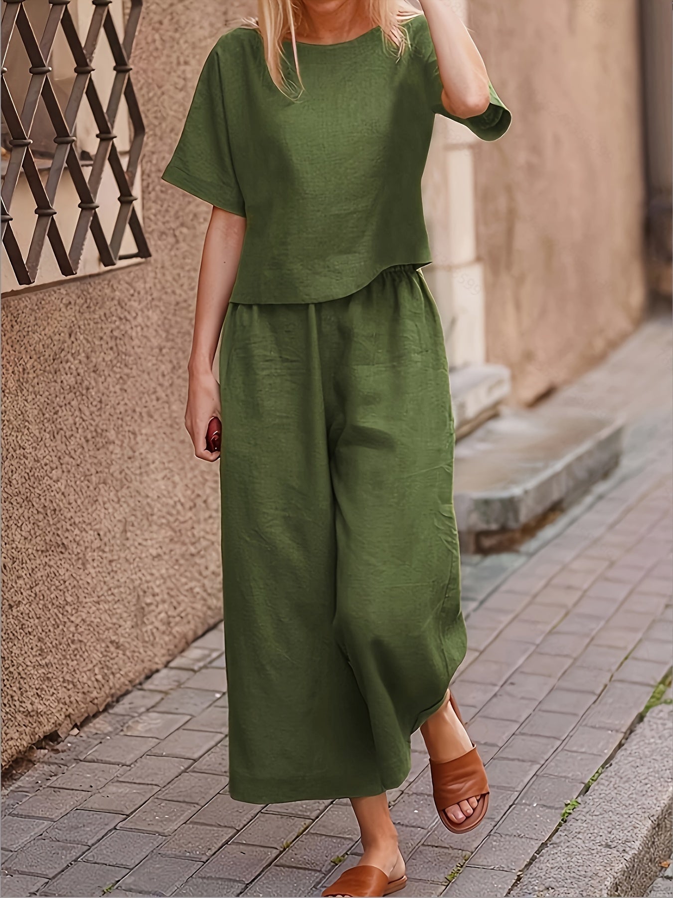 Solid Two-piece Set, Crew Neck Casual T-Shirt & Wide Leg Pants, Women's Clothing