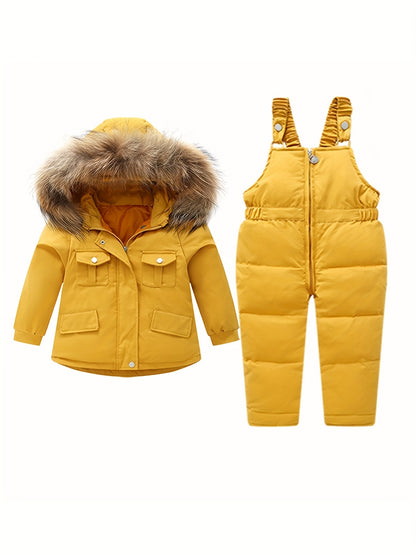 2Pcs Toddler Boys Girls Winter Snowsuit Hooded Down Jacket Coat + Snow Bib Pants Kids Windproof Skiing Suit Snow Clothes 1-5T