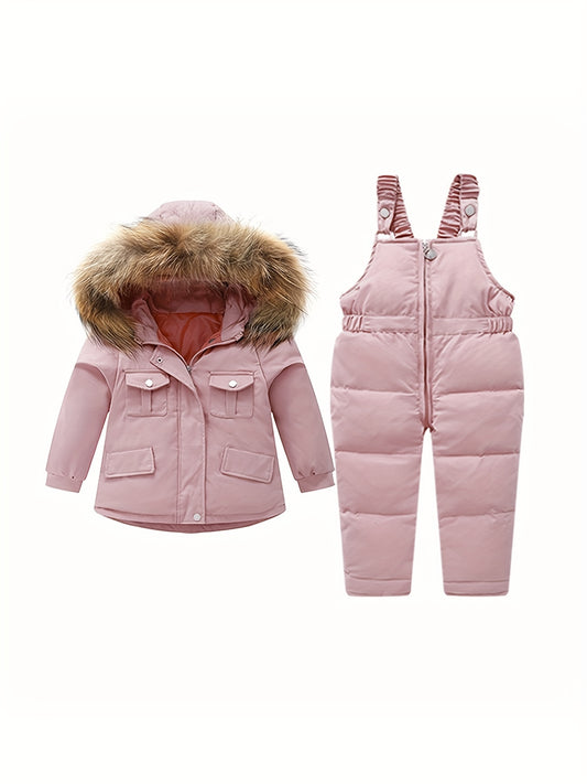2Pcs Toddler Boys Girls Winter Snowsuit Hooded Down Jacket Coat + Snow Bib Pants Kids Windproof Skiing Suit Snow Clothes 1-5T