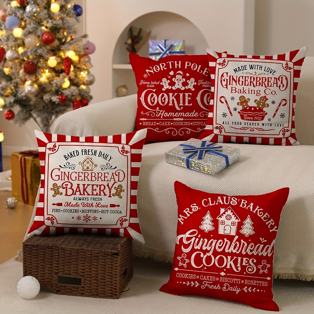 Festive Gingerbread Christmas Pillowcases - 4pcs Set of 18x18 Inch Red Striped Covers, Merry Christmas Design for Winter Home Decor, Machine Washable Polyester with Zip Closure