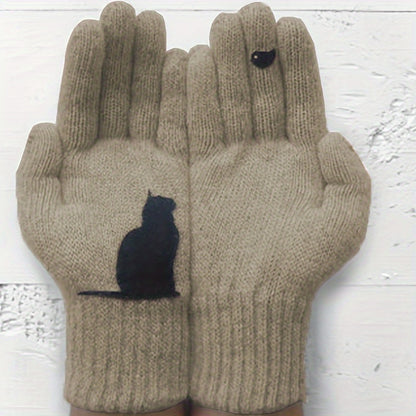 Niche Chic Cat Print Knit Gloves Short Thickened Warm Split Finger Gloves Autumn Winter Coldproof Windproof Gloves