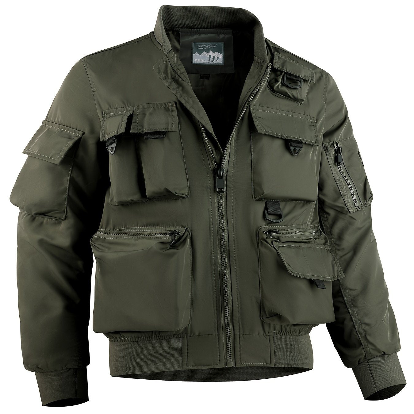 Mens Cargo Jacket with Multiple Pockets - Lightweight Stand Collar Windbreaker for Tactical Outdoor Wear