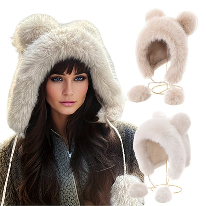 Cozy Plush Bear Ear Beanie For Women - Warm, Stretchy Acrylic Winter Hat With Ear Flaps, Fashionable & Versatile