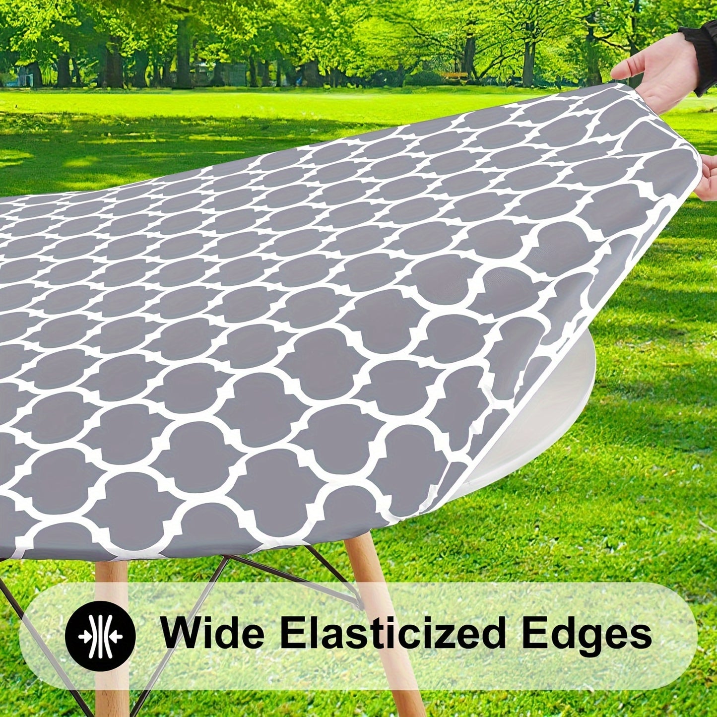 100% Vinyl Round Moroccan Tablecloth with Waterproof Oil-Proof Flannel Backing and Fitted Elasticized Edges for Outdoor, Indoor, Patio, Picnic, Camping Use