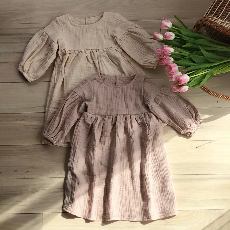 Girl's Dresses Autumn Spring Children's Clothing Organic cotton Double Gauze Loose Pocket Baby Girls Dress Fashion Princess Casual Children's Dress 230407