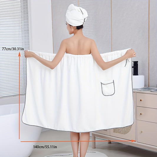 2pcs Stylish Wearable Bath Towel Set - Ultra-Absorbent Skirted Towel with Pockets, Bow Decor Wrap & Water-Resistant Shower Cap - Perfect Bathroom Accessories for Womens Relaxing Spa Days