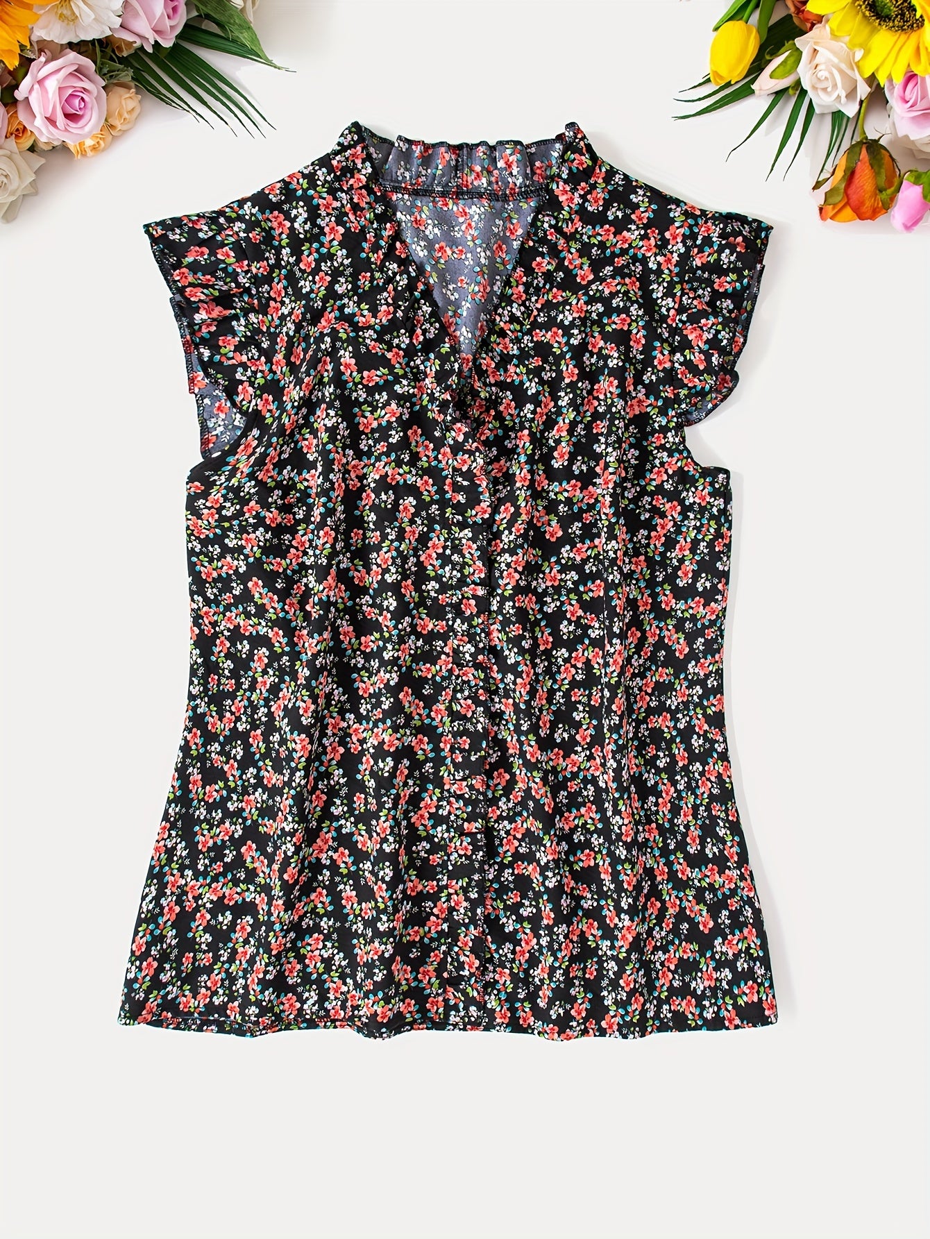 Plus Size Floral Print V Neck Ruffle Sleeve Blouse for Women - Chic Vacation Top with Polyester Fabric, Woven Construction, and Random Floral Pattern - Perfect for Spring and All Seasons