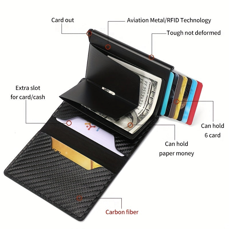 Men's Sleek Carbon Fiber Wallet - RFID Secure, Pop-Up Card Holder, Slim & Stylish, Perfect Business Gift