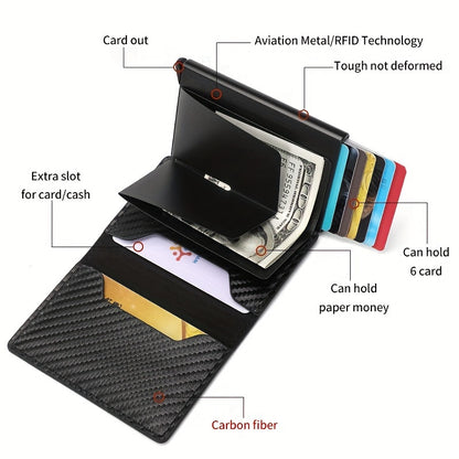 Men's Sleek Carbon Fiber Wallet - RFID Secure, Pop-Up Card Holder, Slim & Stylish, Perfect Business Gift