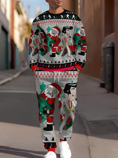 Men's Festive Christmas Outfit Set - Casual Long Sleeve Crew Neck Sweatshirt & Joggers with Santa Print, Machine Washable