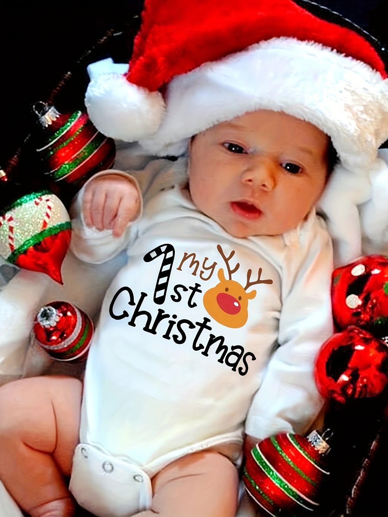 My 1st Christmas" Cute Long-Sleeve Onesie for Boys & Girls - Cozy Polyester, Festive Letter Print, Perfect for Fall/Winter, Perfect for Outdoor