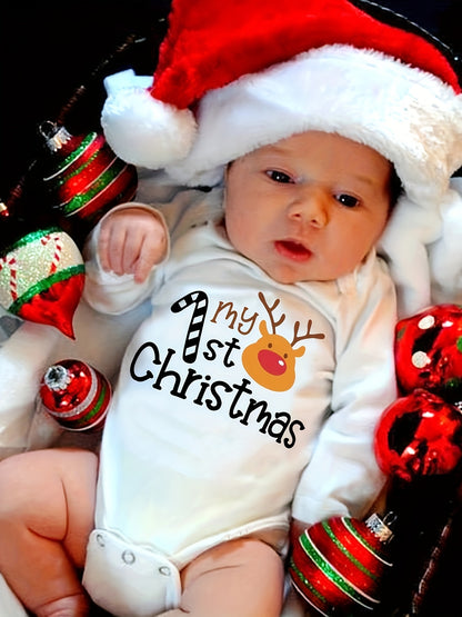 My 1st Christmas" Cute Long-Sleeve Onesie for Boys & Girls - Cozy Polyester, Festive Letter Print, Perfect for Fall/Winter, Perfect for Outdoor