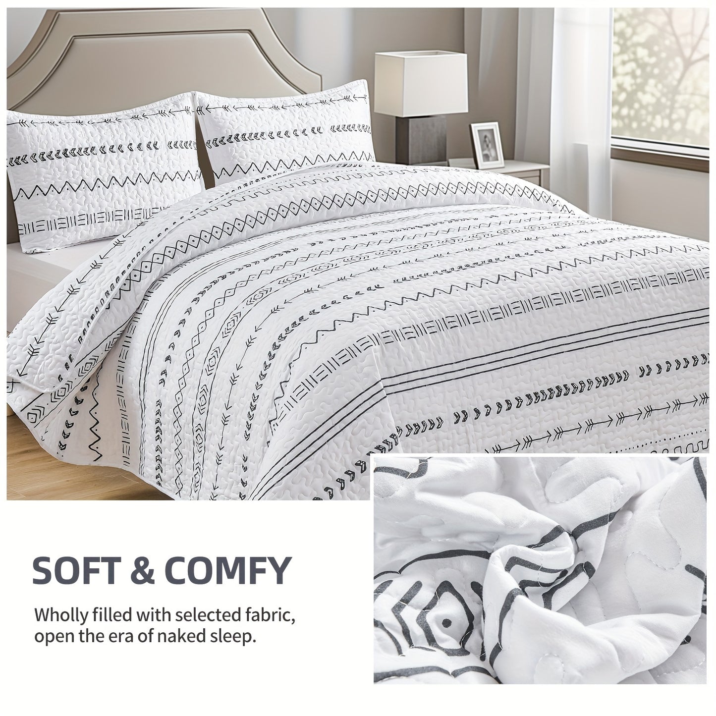 3pc Luxurious Bohemian Quilted Bedspread Set - Soft, Hypoallergenic & Durable, Black & White Geometric Stripes - Cozy Coverlet for Bedrooms & Dorms, Includes 1 Bedspread & 2 Pillowcases