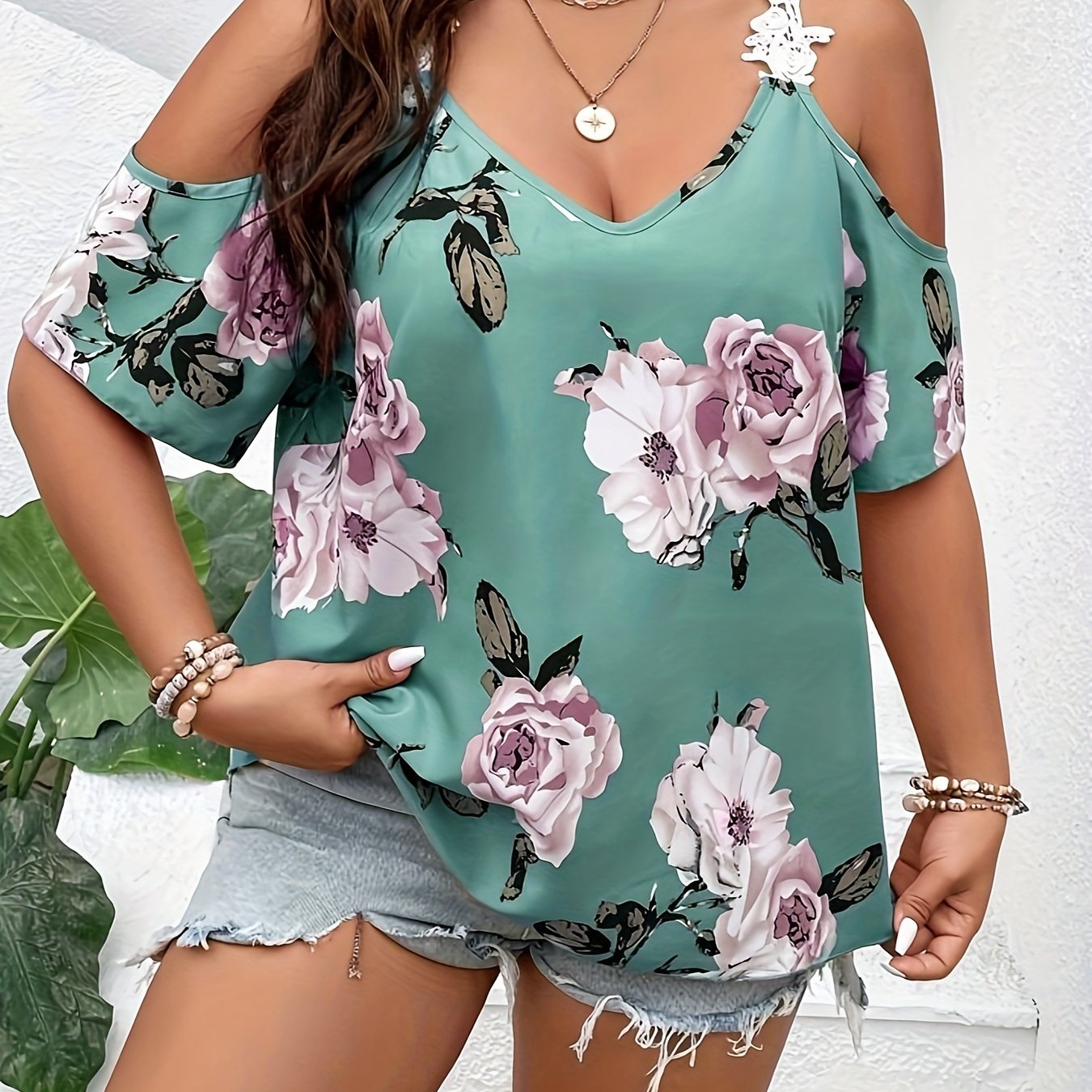 Plus Size Elegant V Neck Floral Print Blouse - Chic Guipure Lace Details, Slight Stretch Polyester Fabric, Perfect for Spring and Summer Vacation - Womens Stylish Shirting