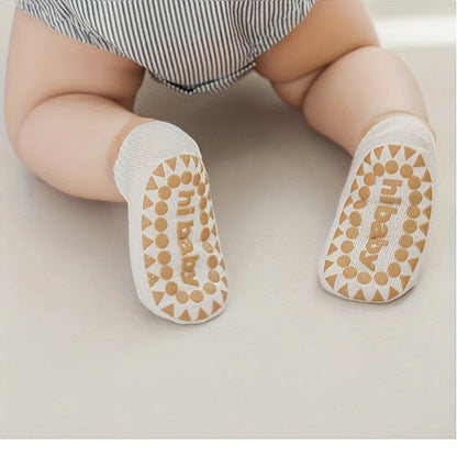 2/5 Pairs Baby Boy's Non-Slip Socks, Solid Bottom Rubber Dot Cotton Blend Comfy Breathable Soft Socks For Toddler Wearing