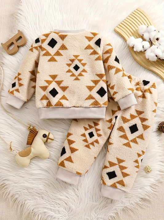 Boys' Cozy Fleece Christmas Outfit - Festive Printed Sweatshirt & Pants Set, Warm for Fall/Winter